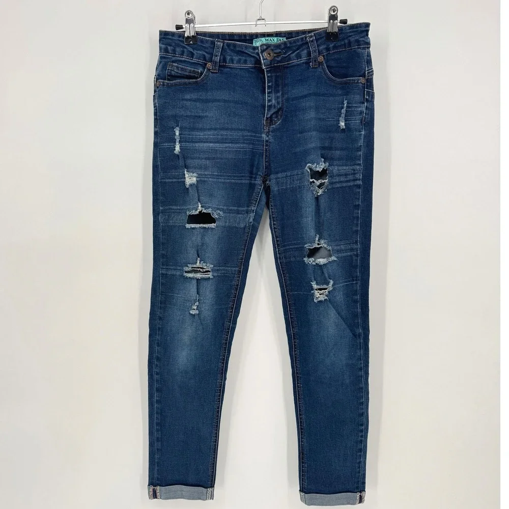 WAX JEAN Women's Dark Wash Distressed Cropped‎ Cuffed  Skinny Jeans Size 9